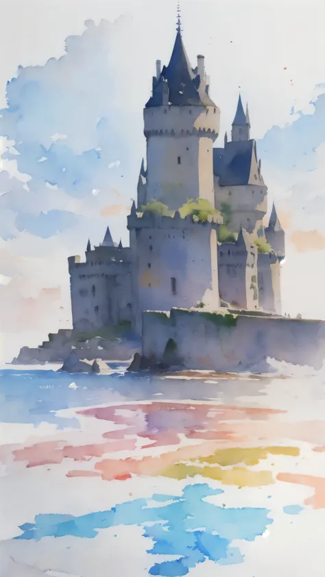 (masterpiece),(Highest quality:1.2),(Very detailed:1.2),(High resolution),(((watercolor))),8K,wallpaper,city,(((breizhcastle)))