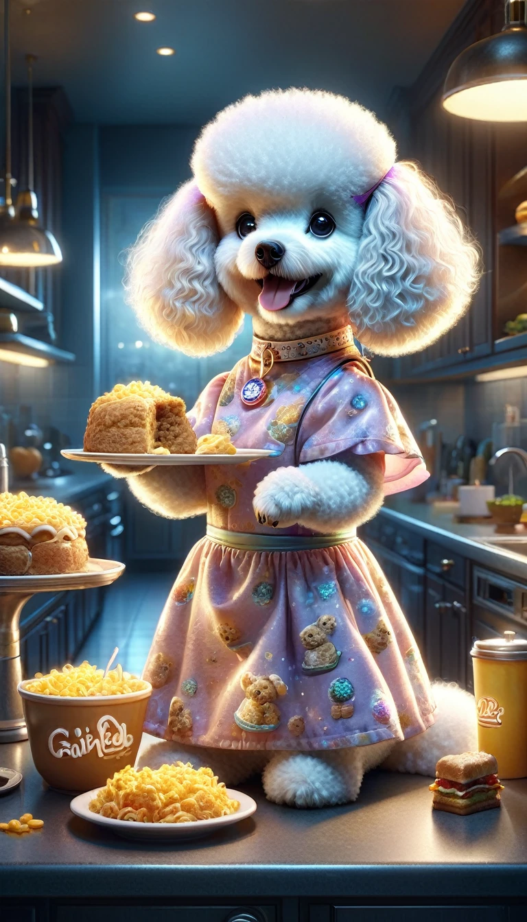 "There are two poodles wearing cute dresses, one is a mummy and one is her daughter, eating food on the counter. The scene is illuminated with photorealistic lighting and includes Garfield the cartoon poodle. The image should have a high-quality, photorealistic style, resembling a 4K food commercial, with a hyper-realistic rendering and a Snapchat photo aesthetic."