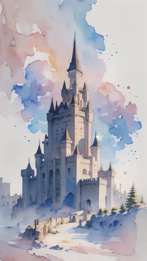 (masterpiece),(Highest quality:1.2),(Very detailed:1.2),(High resolution),(((watercolor))),8K,wallpaper,city,(((castle)))