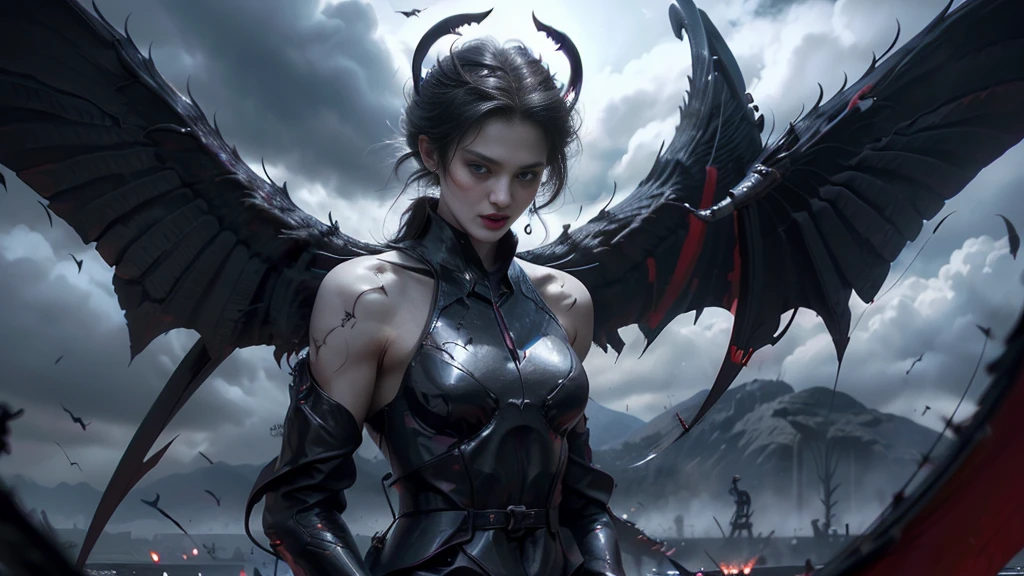 The lost god, Angel Wings and Demon Lord Wings, (Realistic picture, highest resolution, 16K), (A demon god with wide wings and enormous power on his shoulders..., Twelve wings on the shoulders., black bat wings:1.3 white angel wings:1.5), Have wings 100 Have wings 1000, (Beautiful girl with two meter long hair, shiny black hair, Smooth white skin, very red lips), ((stand, already)), (หน้าอกbig, หัวbig tits), (gigantic breast, small waist, hips raised, small thighs, Long legs), (dynamic poses), Separate theme, (Angel wings and devil wings), floating in the air above the ground, background darkness, Embraced with twelve wings, ปีกSeparate themeชัดเจน, Angel wings and devil wings, white and black wings, ทรงสวมมงกุฏขนาดbig, The busiest breasts, big , Porn, just, exposed body, tight, All smooth., see the whole body, full body,