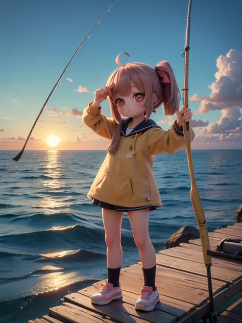 (High quality and realistic anime, ultra high definition 3DCG) A cute , a fishing rod, fishing up the sun on the horizon (((Girl...