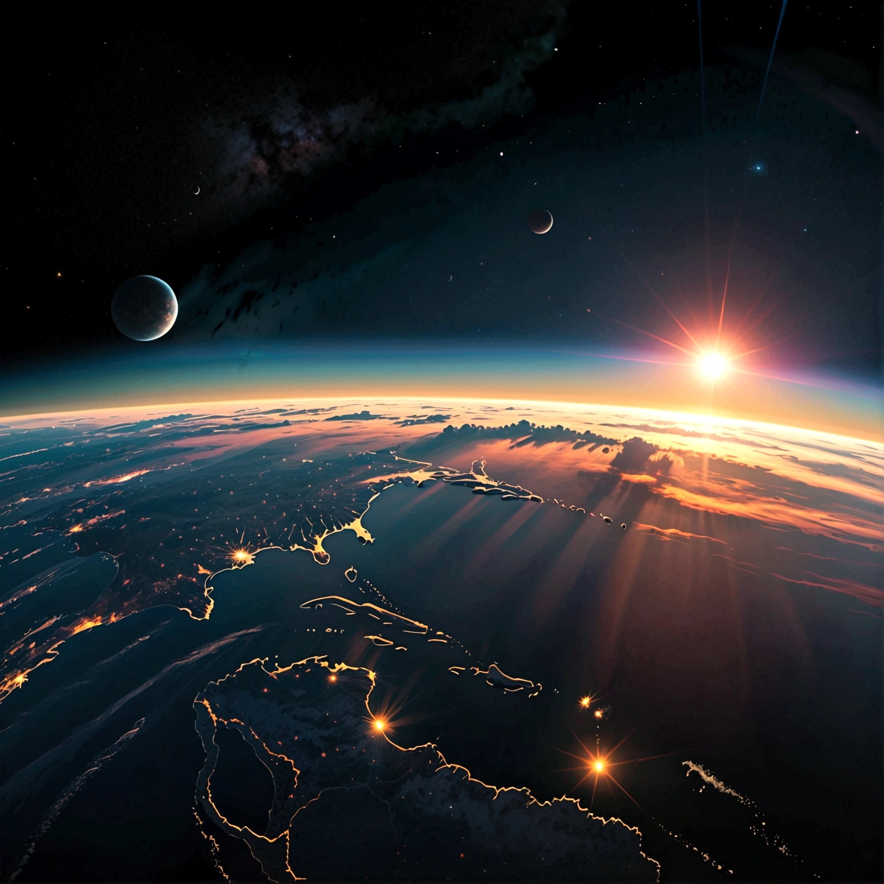 sunrise seen from space,(Darken overall),The Earth's appearance slightly visible in the light of sunrise,The only light is the sunrise,(highest quality:1.4),(ultra detailed:1.5),High resolution,extremely detailed,unity 8k wallpaper
