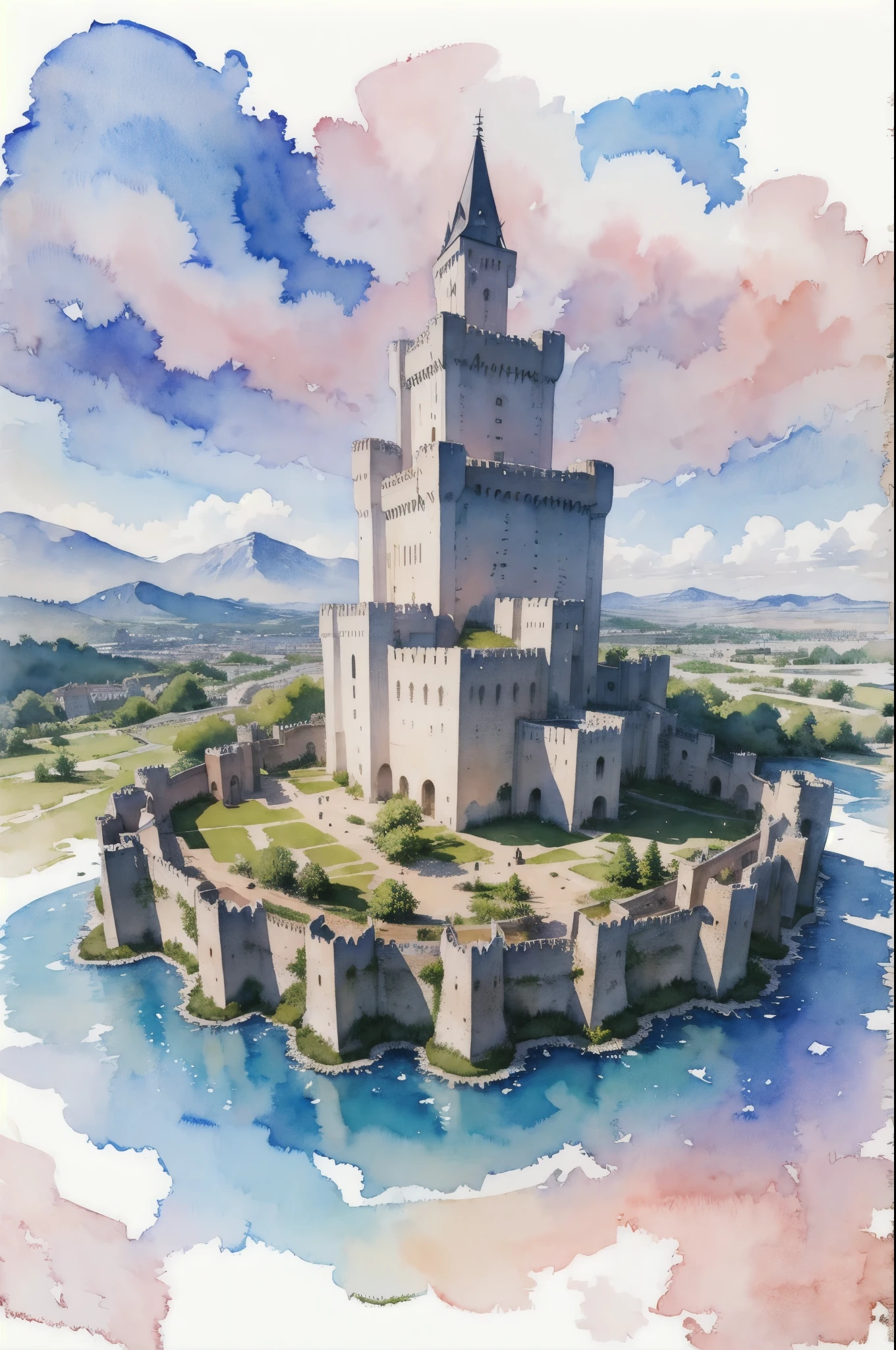 (masterpiece),(Highest quality:1.2),(Very detailed:1.2),(High resolution),(((watercolor))),8K,wallpaper,city,(((castle)))