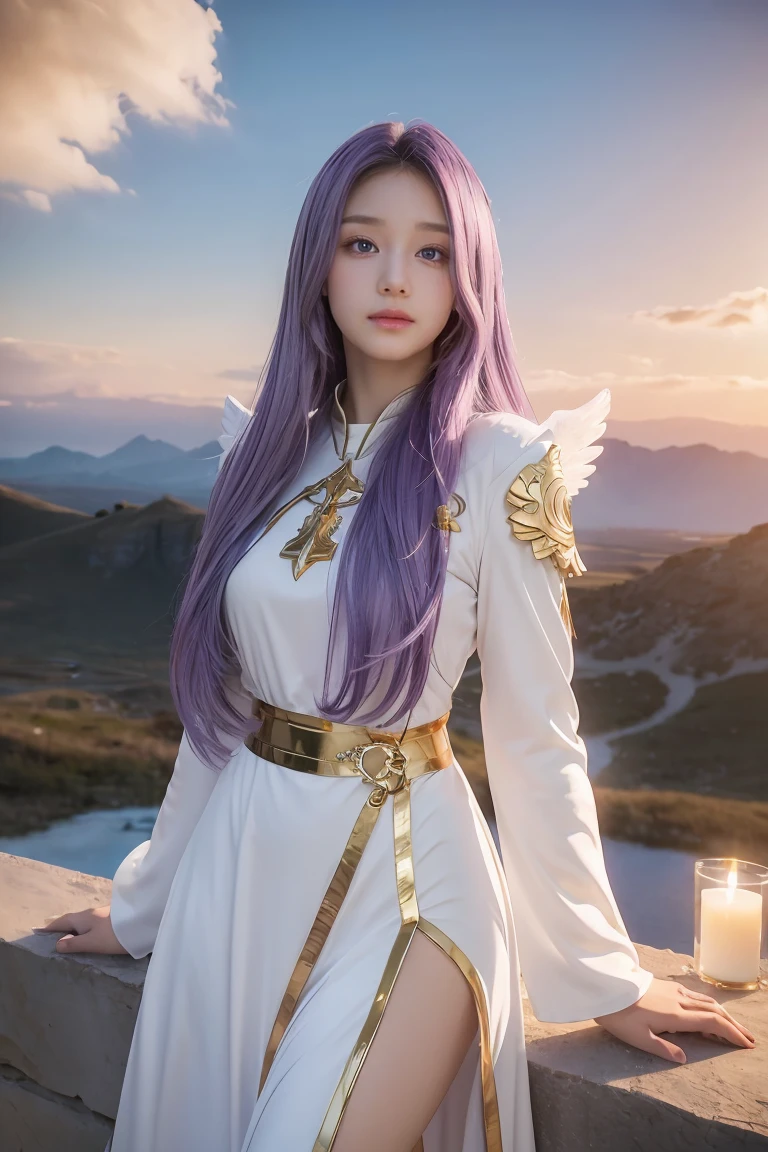 ((masterpiece, best quality, extremely detailed), volumetric lighting, ambient occlusion, colorful, glowing), 
1girl, solo, young girl, (purple hair), long hair, halo, aura, sacred, goddess, cleric suit, (white outfit with gold detailst:1.3), angel wings,
outdoors, sunset, sky, clouds, space, (fantasy theme:1.2),