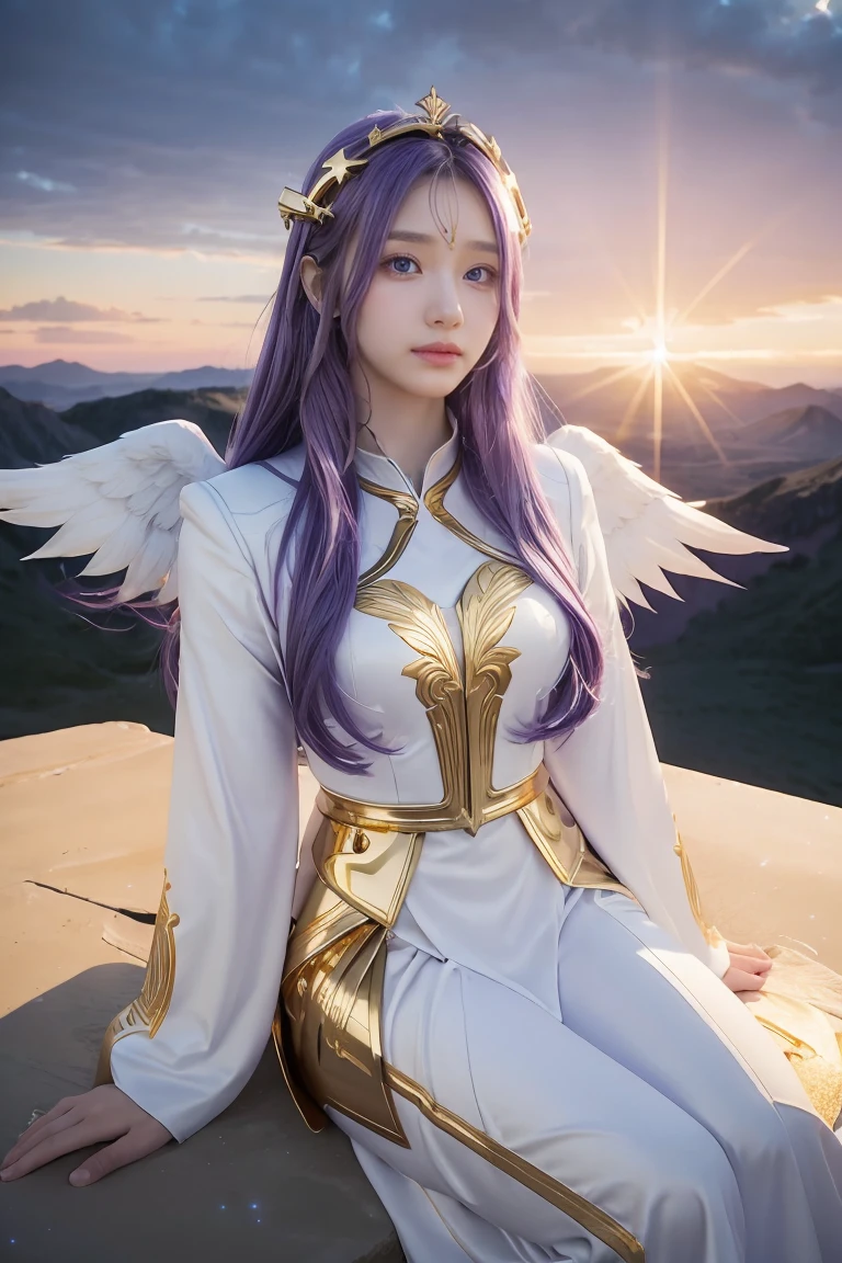 ((masterpiece, best quality, extremely detailed), volumetric lighting, ambient occlusion, colorful, glowing), 
1girl, solo, young girl, (purple hair), long hair, halo, aura, sacred, goddess, cleric suit, (white outfit with gold detailst:1.3), angel wings,
outdoors, sunset, sky, clouds, space, (fantasy theme:1.2),