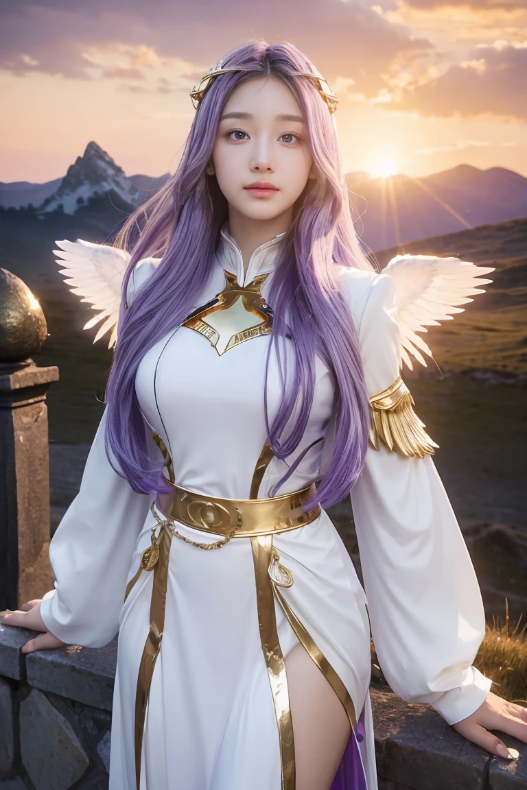 ((masterpiece, best quality, extremely detailed), volumetric lighting, ambient occlusion, colorful, glowing), 
1girl, solo, young girl, (purple hair), long hair, halo, aura, sacred, goddess, cleric suit, (white outfit with gold detailst:1.3), angel wings,
outdoors, sunset, sky, clouds, space, (fantasy theme:1.2),