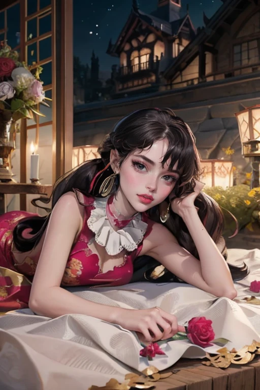 1 girl, a girl with bat wings, holding a red rose, succubus, bakery, a red roses on focus, red roses, bat choker, necklace, centered, bat jewelry, gothic scenery, Pink bat Jewelry, smile, vampire fangs, (looking at viewer), Draculaura_MH, wavy hair, solo, white roses, ornament hair, pink roses on her hair, bat ears on the top of the head, a vampire girl, holding a red rose, perfectly body, perfectly hands, pink hair, flowing hair, short hair, laying down on a grass, chinese garden style, oriental garden, a lake with white carpas on the background, gold lantern, pink dress, chinese pink dress, a dress with layers, short skirt, more details on her clothes, golden details, night, smiling, pink dress, garden scene, cowboy shot, luxury, gold details on her clothes, 1girl, dress, jewelry, maid clothes, maid, maid dress, maid apron, maid headdress, white apron, solo, pink dress, gold lantern, Chinese style, Chinese lanterns, Chinese maid dress, red gloves, white socks, white laces, red shoes, gold details on her clothes, cat ears, animal ears, garden, flowers, temple, lantern rite, more details, best quality