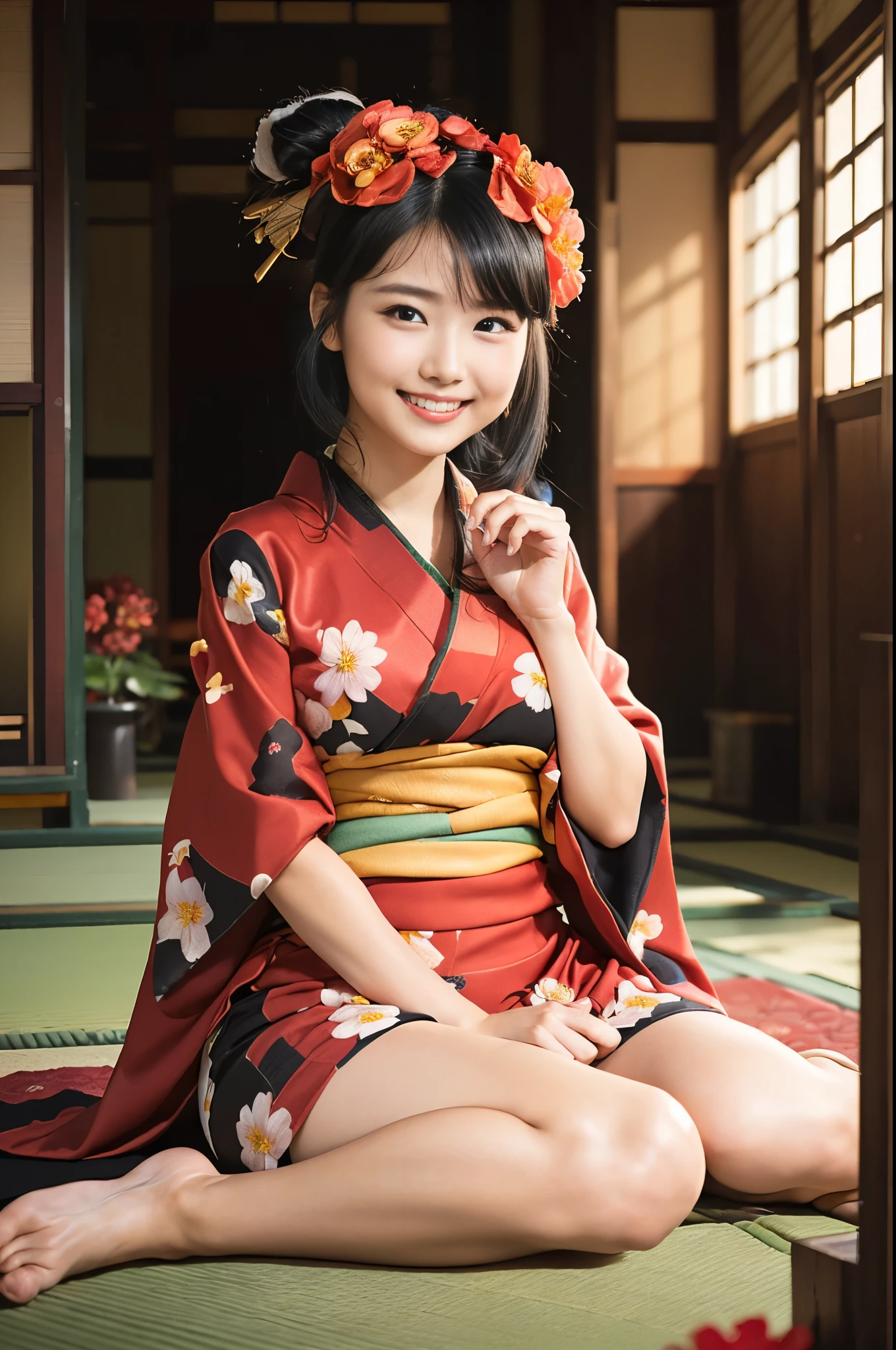 （8K、Raw photography、Highest quality、masterpiece：1.2),(Black Hair、Dark Eyes:1.9),(Flower pattern kimono:1.6)、View your audience,Viewed from the front,White skin,(ponytail:1.3)、(Tight waist:1.6)、(Clothes that accentuate the shape of the breasts:1.0)、(Big Breasts :1.3)、Slim figure、Ultra-high resolution,beautiful,beautiful fece,(One person、No background:1.9),whole bodyボディー,Japanese women,（reality的：1.37）、Photon Mapping,reality、(Baby-faced and cute: 1.4)、(Cute Smile: 1.8)、(Round face: 1.8)、Radio City、Physically Based Rendering、Depth of field rally background、photograph, (I can see your knees、Thigh close-up:1.8),（:1.6）,whole body、Great quality