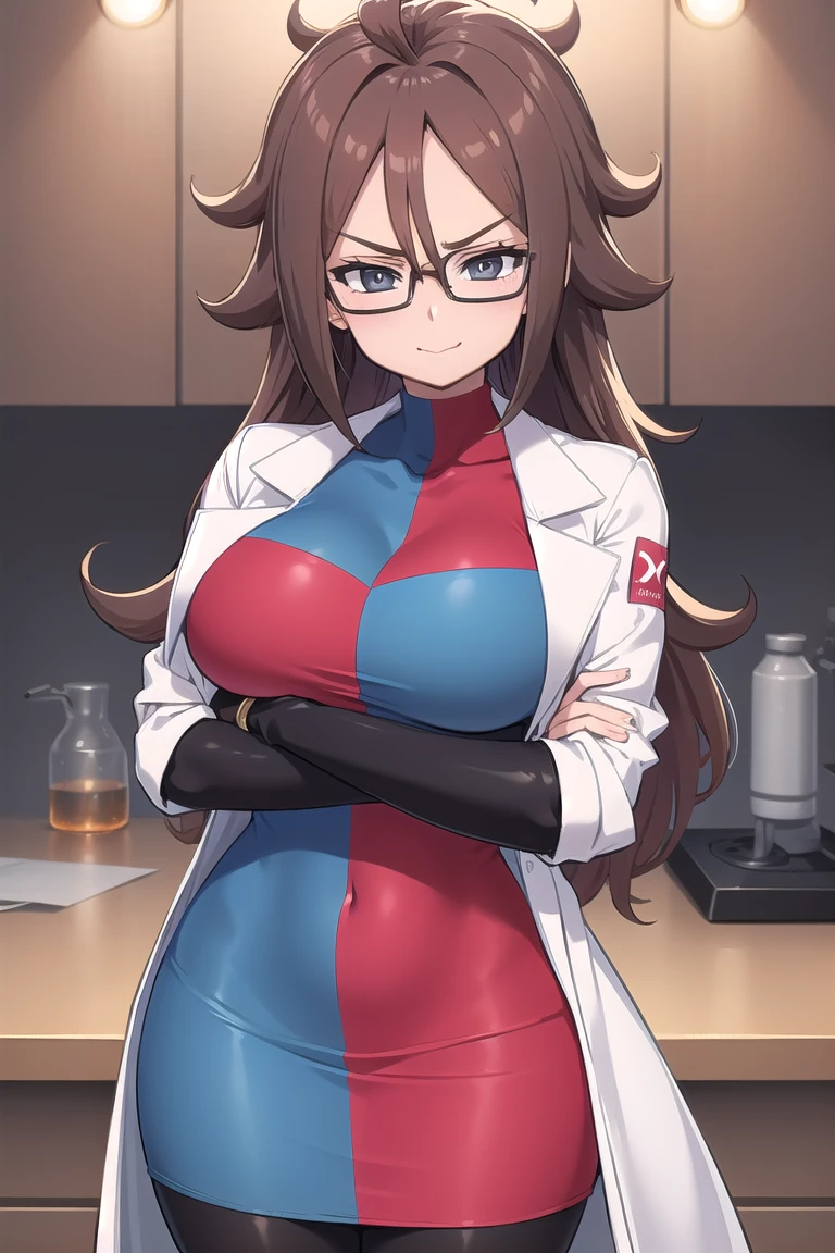 masterpiece, best quality, defa21, glasses, checkered dress, labcoat, black pantyhose, upper body, large breasts, smirk, furrowed brow, looking at viewer, closed mouth, countertop, science, beakers, microscope, crossed arms 