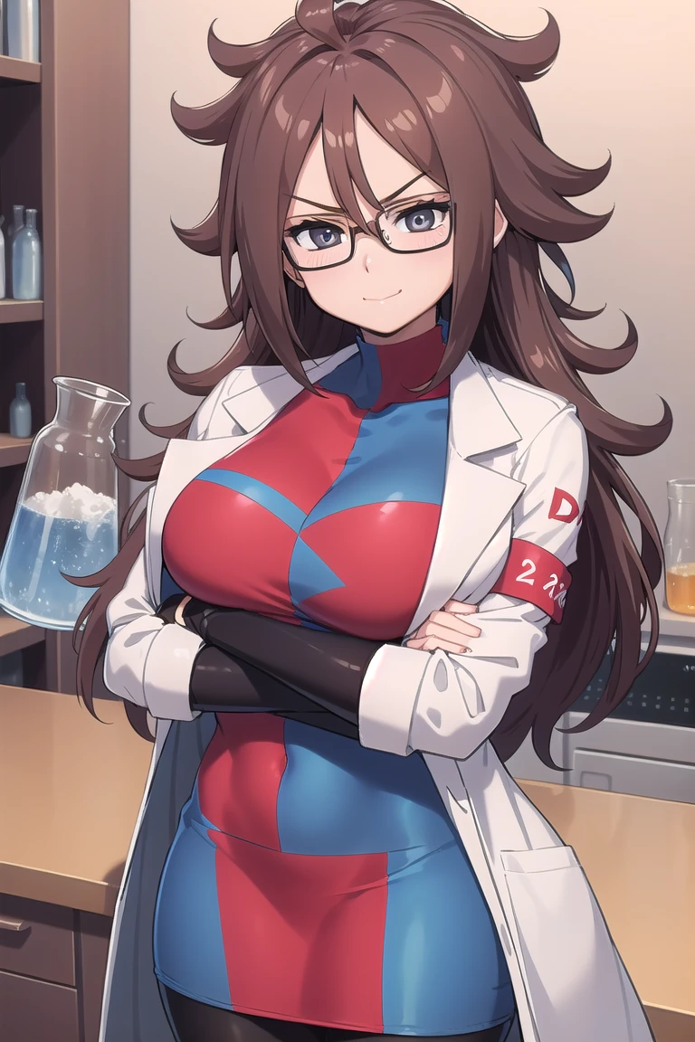 masterpiece, best quality, defa21, glasses, checkered dress, labcoat, black pantyhose, upper body, large breasts, smirk, furrowed brow, looking at viewer, closed mouth, countertop, science, beakers, microscope, crossed arms 