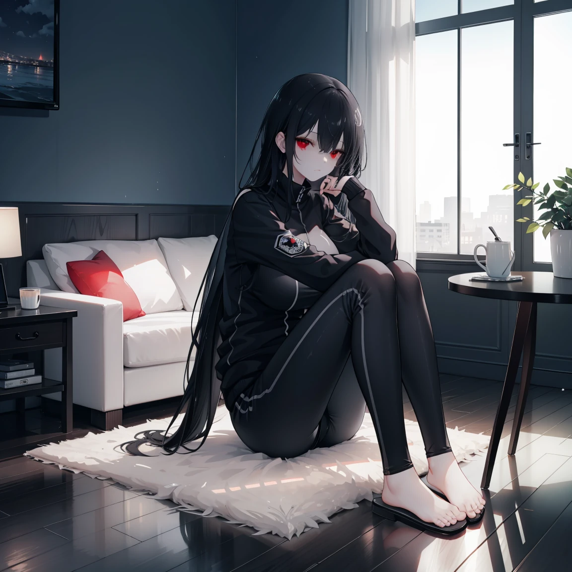 1 tall woman, big breasts, with red eyes, long black hair, a tracksuit, short pants, and slippers, inside a dark apartment, sitting on a couch, night time, deem, carpet, table, tiny window, looking at the TV, wooden floor, white dirty walls, food on the table, night time, Japanese house set-up, suspenseful atmosphere. dark setting, dark apartment, dark lighting, suspense atmosphere, night sky, complete darkness, detailed eyes, close-up picture