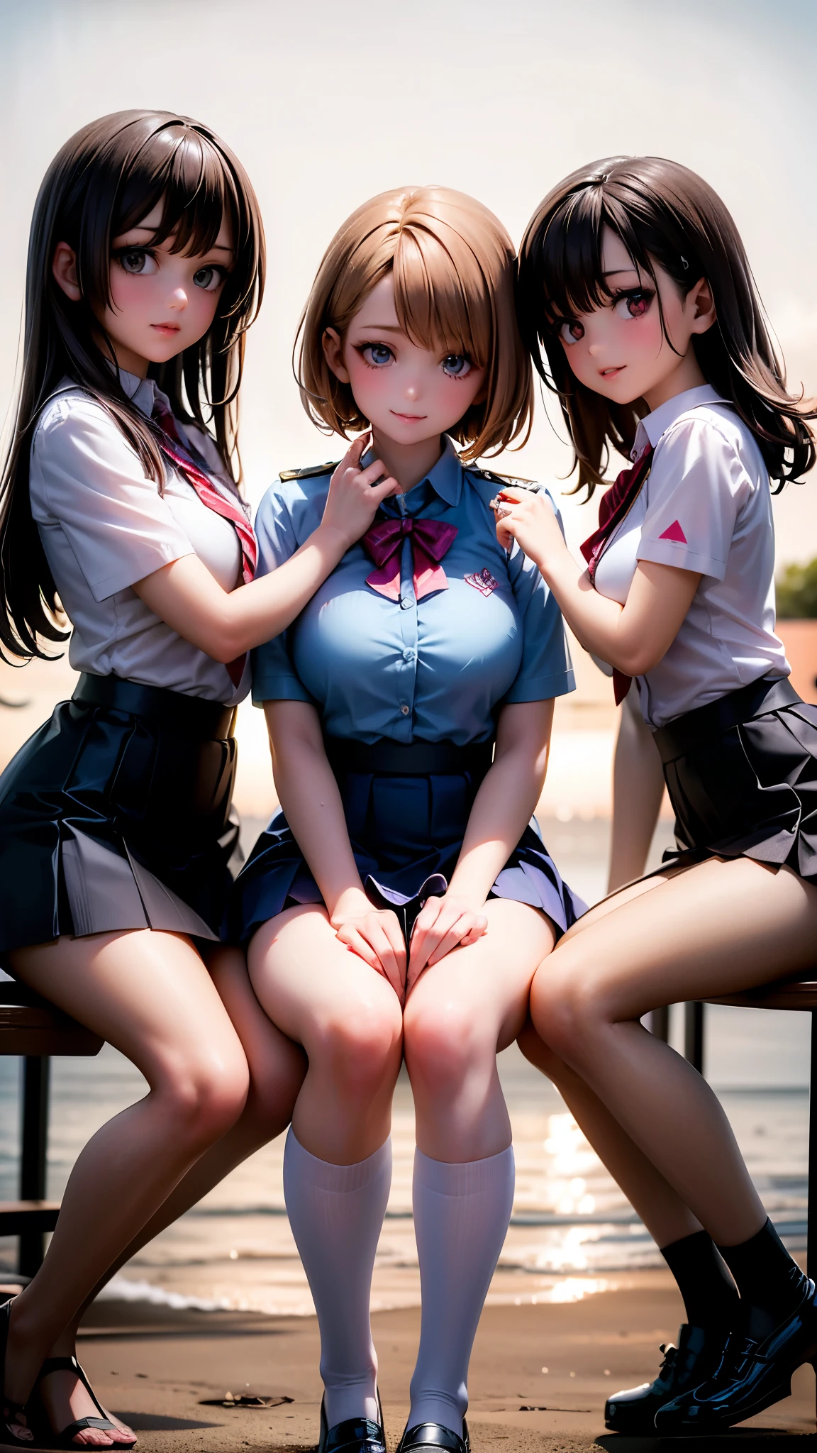 (beautiful 3girls:1.4), with long brown hair and brown eyes, looking at the viewer with a gentle smile, her bangs framing her face, wearing a white collared shirt and a pleated blue skirt, sitting on a beach as the sun sets in the background, her friends with black and brown hair sitting beside her, all wearing similar outfits with striped socks and pleated skirts, their hands raised in a friendly gesture, flying sweat drops adding to the lively, energetic atmosphere, (3girls:1.4), (best quality,8k,highres,masterpiece:1.2),ultra-detailed,(realistic,photorealistic,photo-realistic:1.37),studio lighting,vivid colors,physically-based rendering,professional,extremely detailed eyes and face,longeyelashes,beautiful detailed eyes,beautiful detailed lips