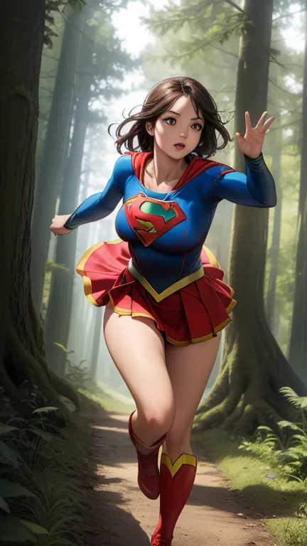 ((she is running in the forest)), (((Supergirl&#39;s detailed uniform.))),  (She wears stilettos) ((Your blouse is in tatters, Y...
