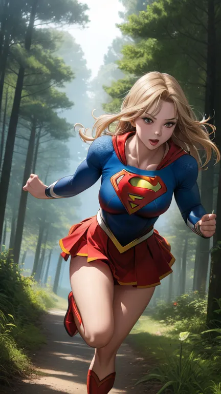 ((she is running in the forest)), (((Supergirl&#39;s detailed uniform.))),  (She wears stilettos) ((Your blouse is in tatters, Y...