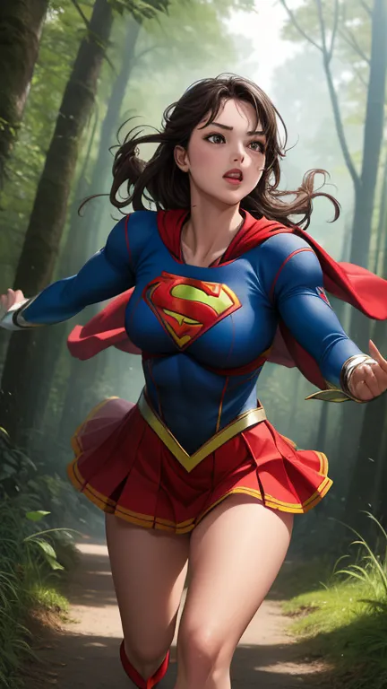 ((she is running in the forest)), (((Supergirl&#39;s detailed uniform.))),  (She wears stilettos) ((Your blouse is in tatters, Y...