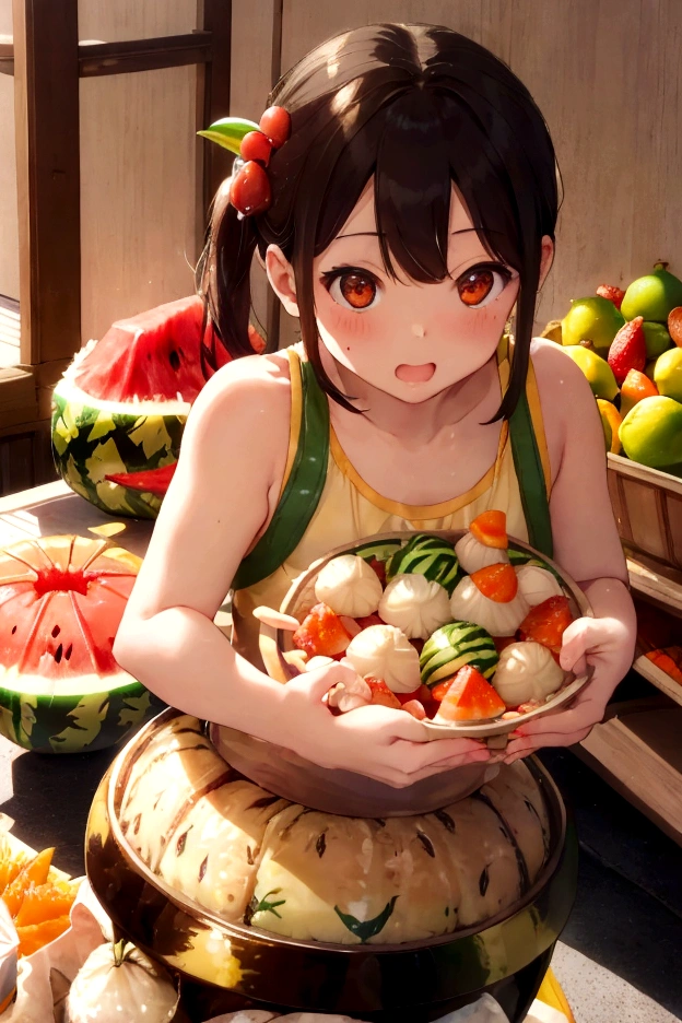 watermelón、mandarina、banana、fresa、piña、melón、uvacat、chica en ropa interior、tomate、bola de masa mitarashi、Empanadillas tricolores、bola de masa kibi、Sakuramochi、Tazón de carne、cuenco de anguila、hamburguesa、hamburguesa con queso、guiso