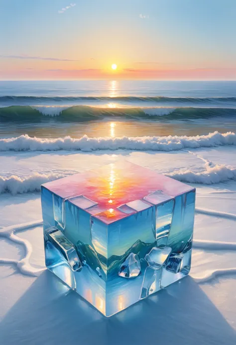 an oil painting：(((sunrise，ocean，horizon，peaceful)))，(ice cubes里的红色玫瑰：1.37)，ice cubes，frozen rose，refracted light