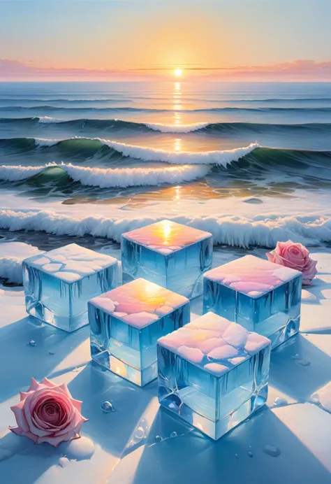 an oil painting：(((sunrise，ocean，horizon，peaceful)))，(ice cubes里的红色玫瑰：1.37)，ice cubes，frozen rose，refracted light