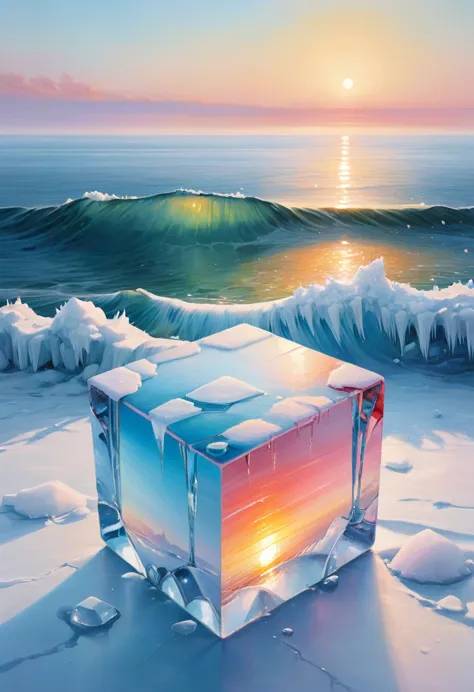 an oil painting：(((sunrise，ocean，horizon，peaceful)))，(ice cubes里的红色玫瑰：1.37)，ice cubes，frozen rose，refracted light