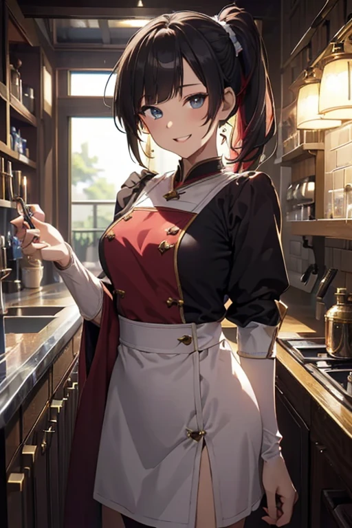 (ファンタジー:1.5),(アニメ,8K,傑作, 最高品質, 最高品質,美しく、審美的:1.2,プロのイラスト:1.1,超詳細:1.3,完璧な照明),非常に詳細な,最も詳細な,信じられないほど不条理な , 高解像度, 超詳細ed,複雑な:1.6,(錬金術ワークショップ:1.4),A 女の子 mixing,多くの小さな瓶に入った薬,小さなポーションを持っている,カラフル:1.4,もつれた,(1女の子),(女の子),(三国志の女性戦士),(非常に精巧な美しい顔と目,張りのある胸),油性肌,((黒,髪,short bob with short pony tail 髪)),thin pubic 髪,かわいい,素敵な,34歳,錬金術師の衣装,商人の服,笑顔,台所に,笑顔,誘惑的な弱々しい笑顔,(with sparkling eyes and a contagious 笑顔),口を開ける, 視聴者を見る, 