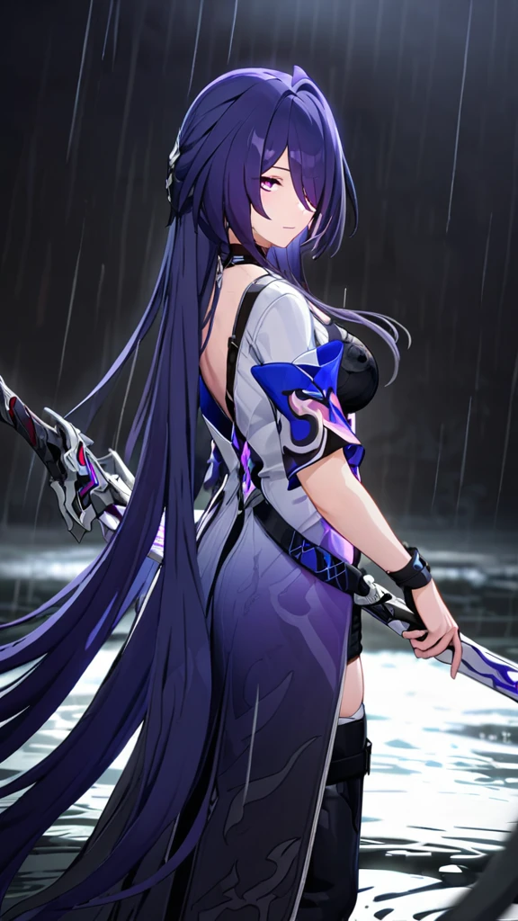 ((masterpiece)),((Highest quality)),High resolution,Extremely detailed CG,Perfect lighting,8k wallpaper,
One Girl,Acheron \(Honkai: Star Rail\),Purple Hair,Very long hair,Purple eyes,Look at the audience,black sea 水,rain,、Holding a sword、Dark Background
