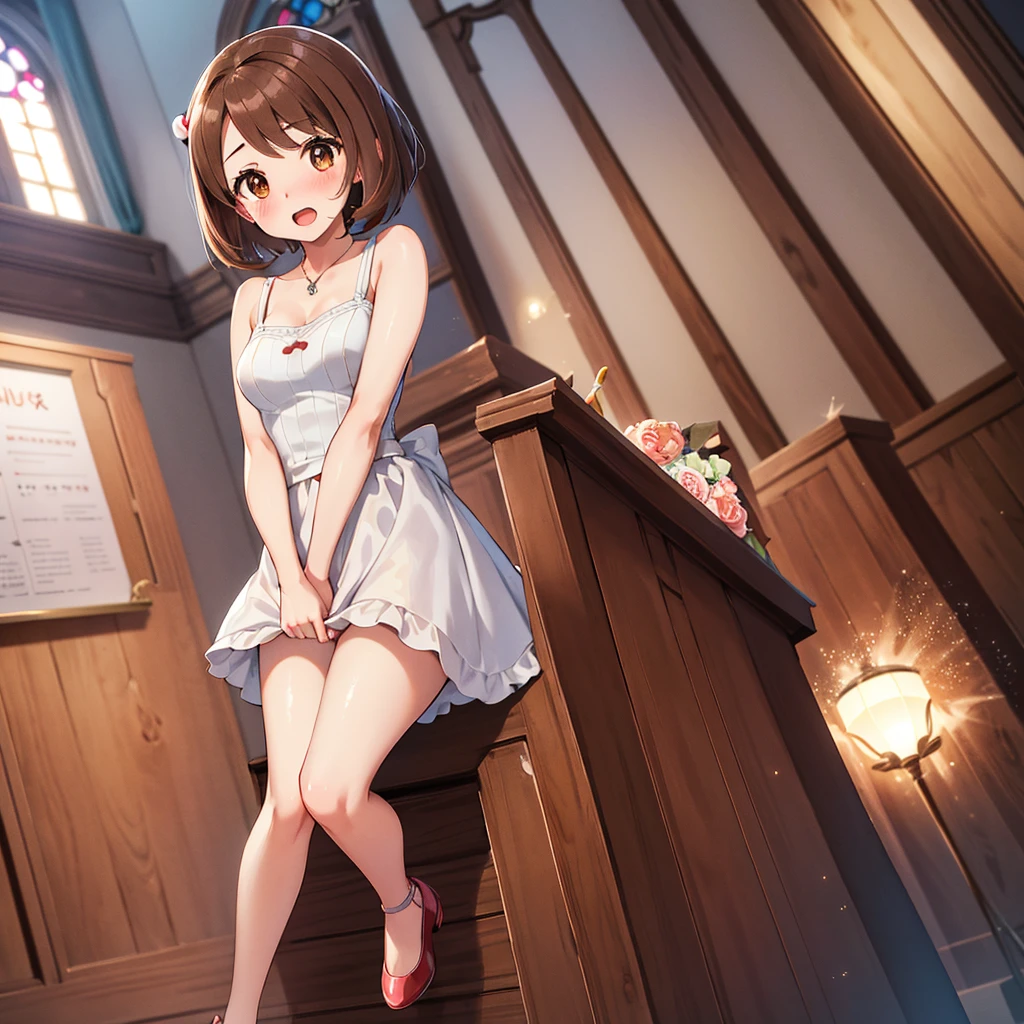 masterpiece, Highest quality, High resolution, Gloria1, 1 Girl, Gloria\(Pokémon\), Brown Hair, , Brown Eyes, , Short Hair, , Bobcut, bangs, , 　１Describe a girl carefully　１Girl　Expression in love　blush　Open Mouth　blush　church　Wedding dress（mini skirt）　breast enhancement