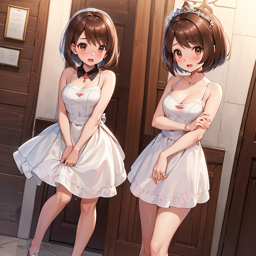 masterpiece, Highest quality, High resolution, Gloria1, 1 Girl, Gloria\(Pokémon\), Brown Hair, , Brown Eyes, , Short Hair, , Bobcut, bangs, , 　１Describe a girl carefully　１Girl　Expression in love　blush　Open Mouth　blush　church　Wedding dress（mini skirt）　breast enhancement