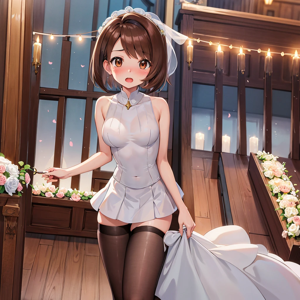 masterpiece, Highest quality, High resolution, Gloria1, 1 Girl, Gloria\(Pokémon\), Brown Hair, , Brown Eyes, , Short Hair, , Bobcut, bangs, , 　１Describe a girl carefully　１Girl　Expression in love　blush　Open Mouth　blush　church　Wedding dress（mini skirt）　breast enhancement