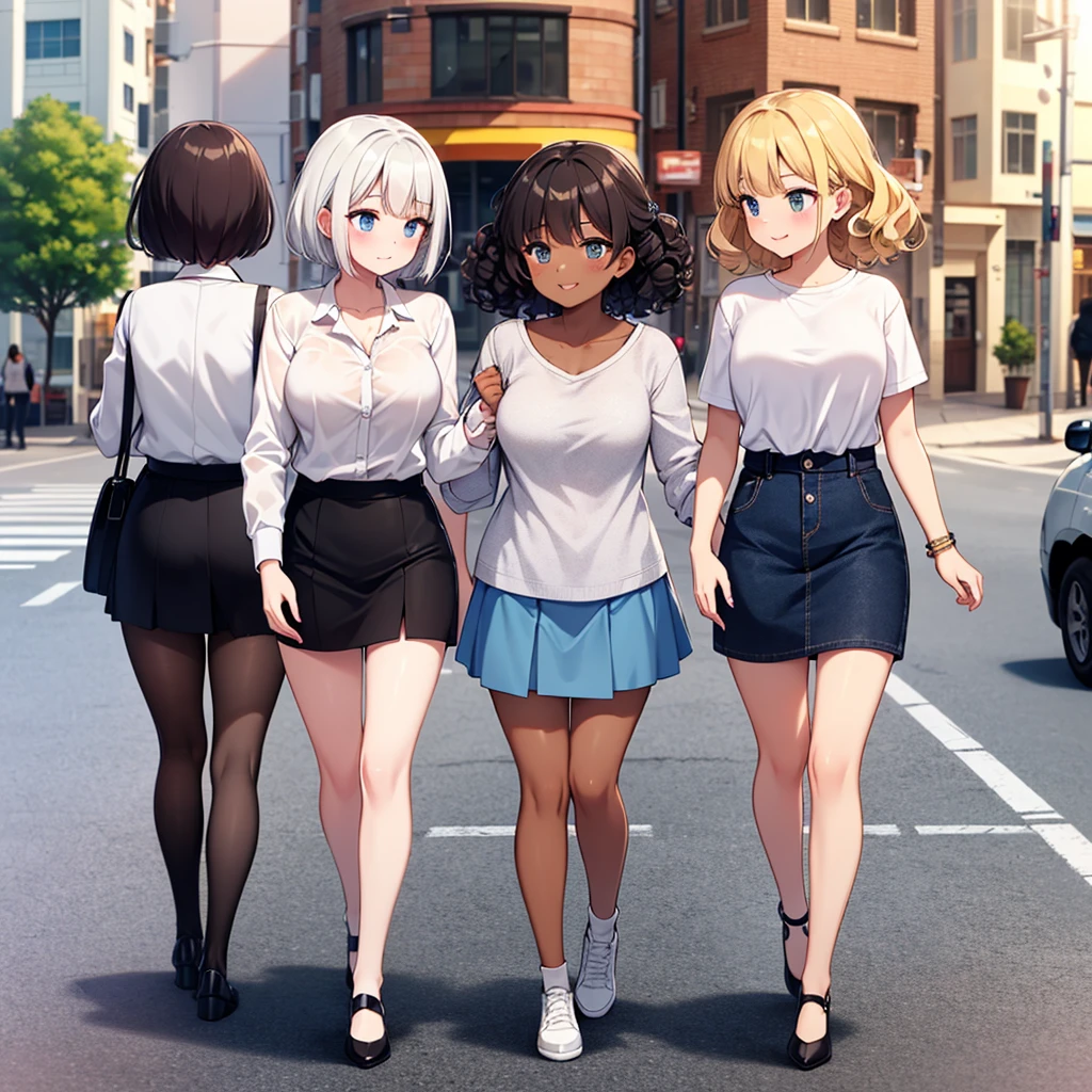 whole body , Pretty Face, curls,Warm light and clear skin tones, african american, detailed, Ultra-high quality, Light chest, Lovely, Lovely, White shirt and mini skirt standing on the street with friends