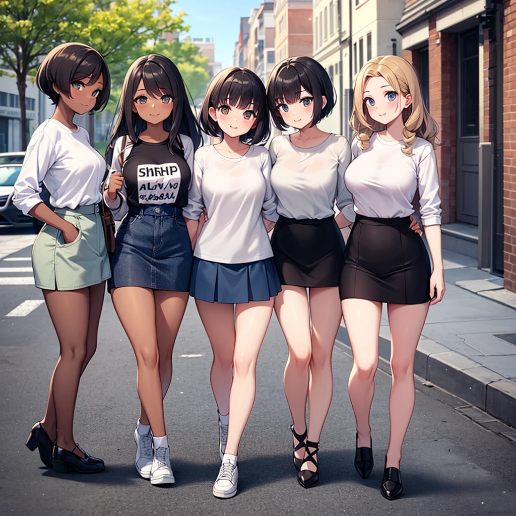 whole body , Pretty Face, curls,Warm light and clear skin tones, african american, detailed, Ultra-high quality, Light chest, Lovely, Lovely, White shirt and mini skirt standing on the street with friends