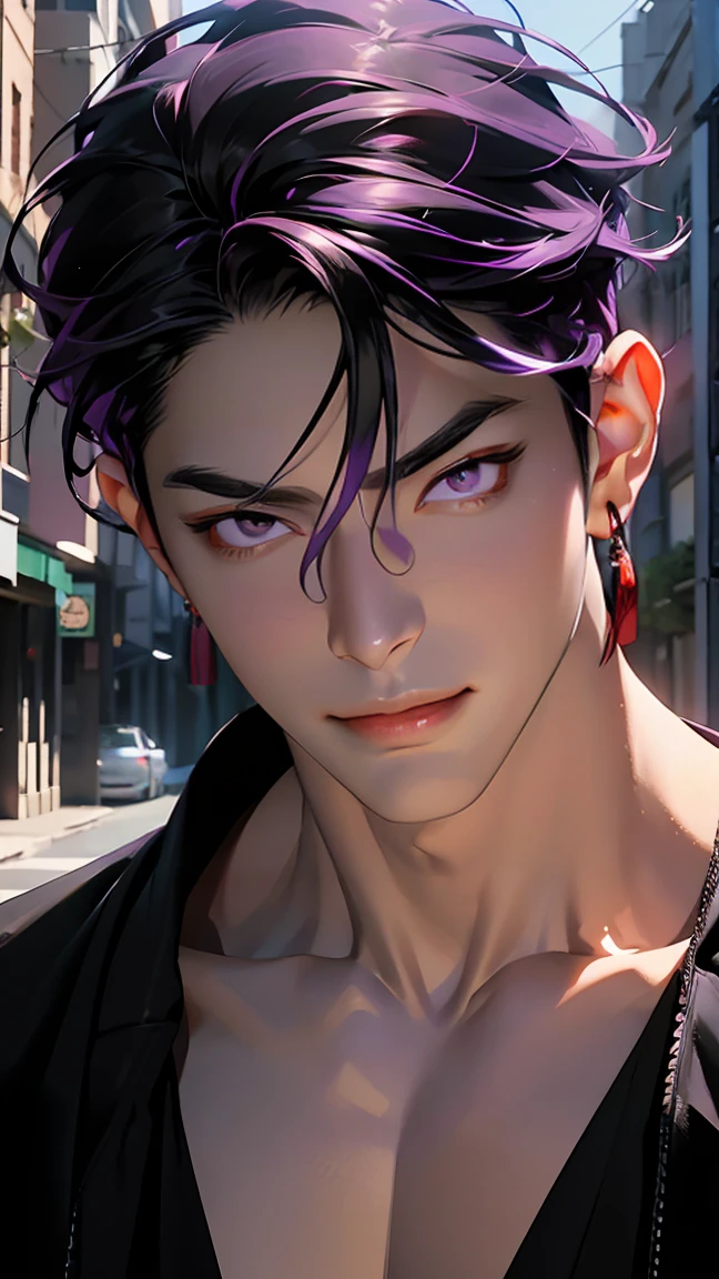 highest quality, 8K, high resolution image, anime style Jujutsu Kaisen, (Iori_suiseki), detailed strokes, bored look , blurred, purple light reflecting from it, (close angle), 1 man, young, male, model, hand in pocket, cool guy, multicolored Background with various geometric shapes, around stickers, muscular,Black hair, purple eyes, multicolored hair, purple hair, hair between eyes, highlighted hair ,swollen chest, withe shirt, black sweater, sweatpants, Background: big City, Streets, Park, People, blue sky, Cars, Bike