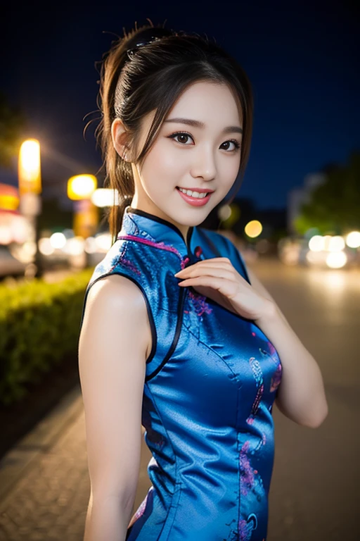 a gorgeous lady, age 18, wearing a traditional Qipao, posing naturally under night sky, dimpled smile, short ponytail, cute snaggleteeth, well-endowed round bosom, photorealistic, beautiful detailed eyes, hyper-realism, high contrast, ultra HD, realistic skin textures, top image quality, top-quality, super high resolution, fine details, very meticulously, bokeh background, head to thigh, high angle camera 