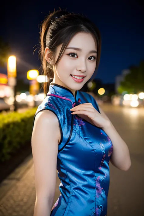 a gorgeous lady, age 18, wearing a traditional qipao, posing naturally under night sky, dimpled smile, short ponytail, cute snag...