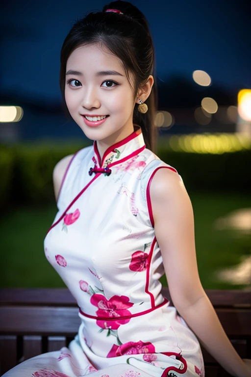 a gorgeous lady, age 18, wearing a traditional Qipao, posing naturally under night sky, dimpled smile, short ponytail, cute snaggleteeth, well-endowed round bosom, photorealistic, beautiful detailed eyes, hyper-realism, high contrast, ultra HD, realistic skin textures, top image quality, top-quality, super high resolution, fine details, very meticulously, bokeh background, head to thigh, high angle camera 