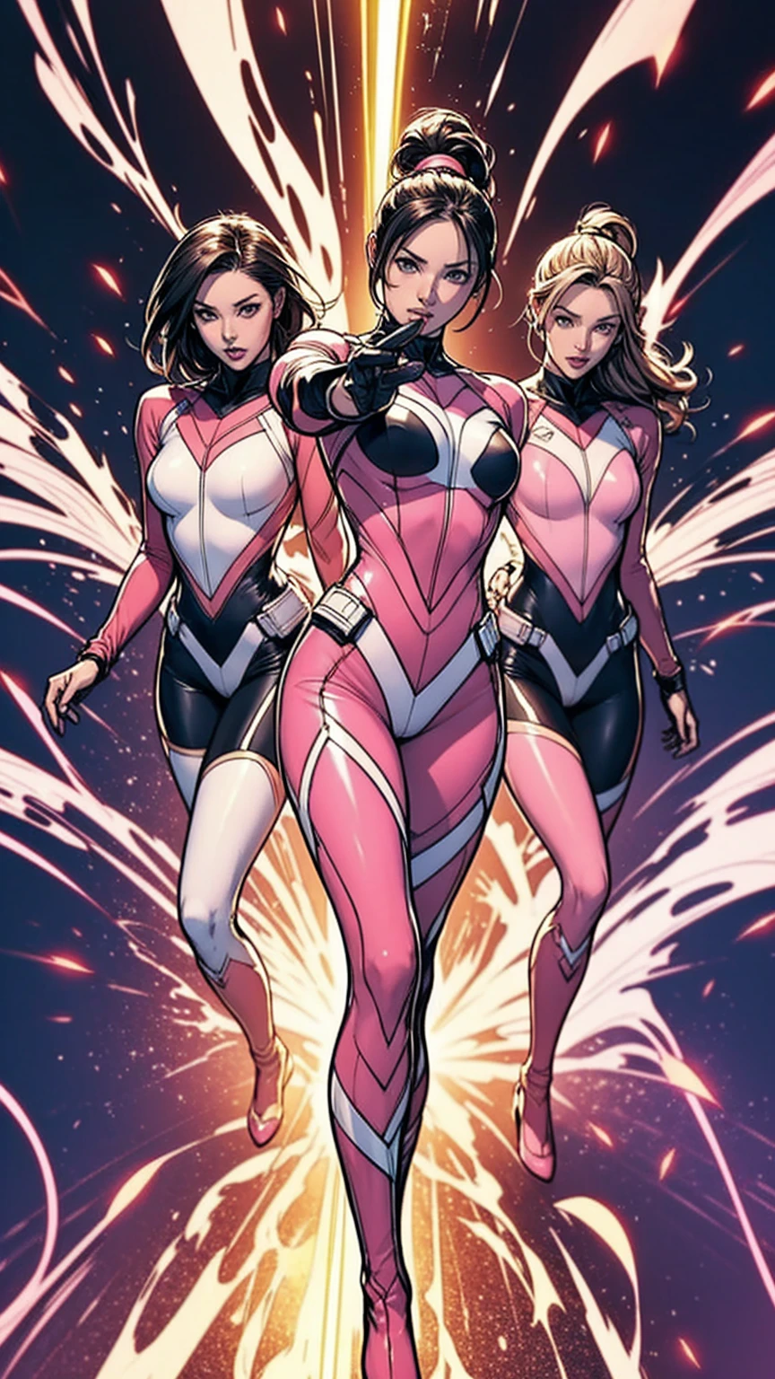 Solo, A brave and courageous image of a 6 member ranger team, Each one is decorated in vibrant colors such as:: ((Pink)), red is front of center, violet, Green, yellow, blue black, white,. Dynamic poses in a background that exudes energy and courage, neon, fire, plasma, Fluorescent, shocking, pink big bomber, splashing pink, running, fighting pose, action pose, Embodying the essence of the classic Sentai superhero team. Each Ranger:: The attire is sophisticated and modern, Each color has elements that reflect its theme., Ready for action. ((Camel Toe)), weapons, in sunset background , in cinematic lighting, cover art mixed cinema poster style,