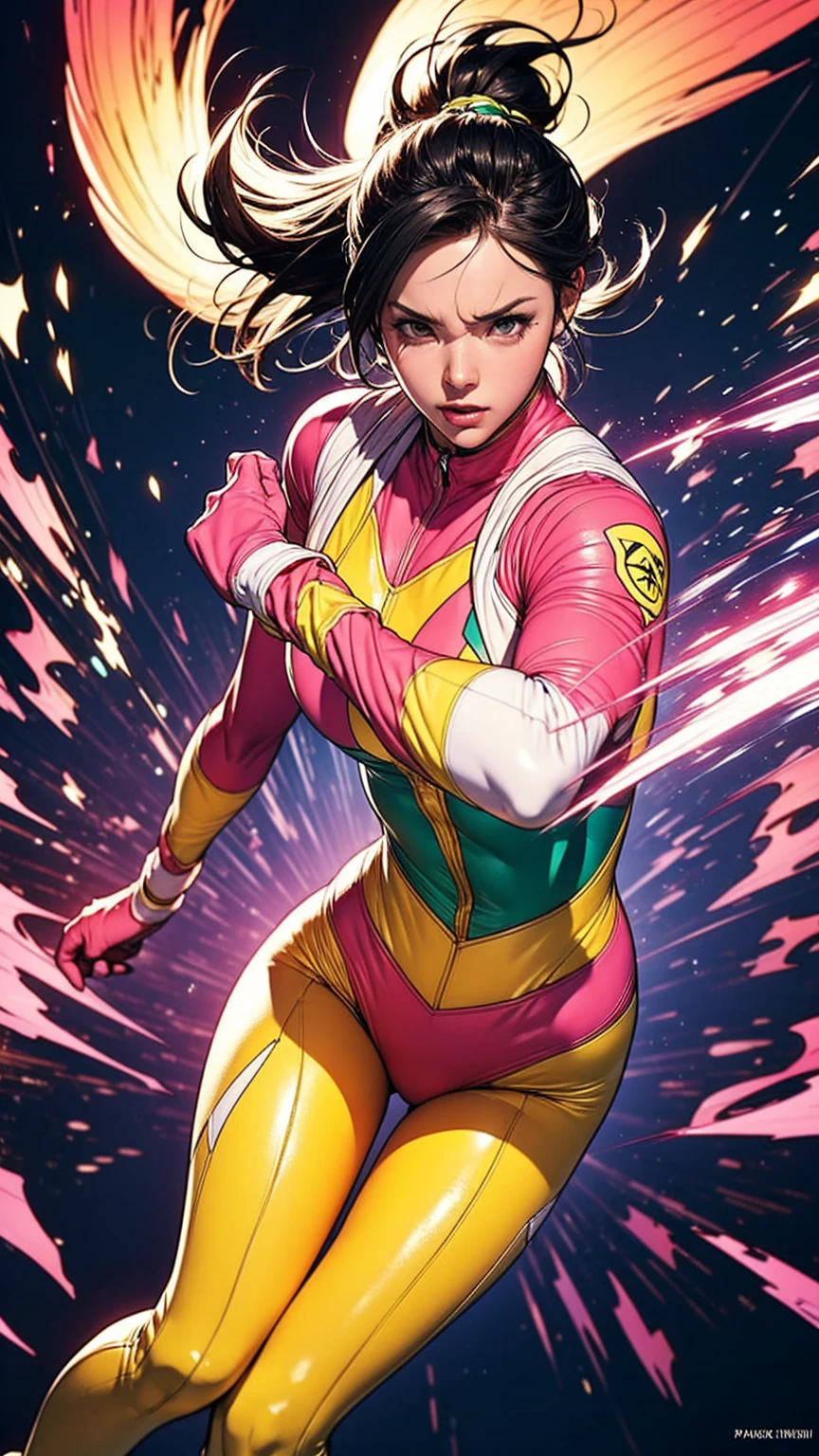 Solo, A brave and courageous image of a 6 member ranger team, Each one is decorated in vibrant colors such as:: ((Pink)), red is front of center, violet, Green, yellow, blue black, white,. Dynamic poses in a background that exudes energy and courage, neon, fire, plasma, Fluorescent, shocking, pink big bomber, splashing pink, running, fighting pose, action pose, Embodying the essence of the classic Sentai superhero team. Each Ranger:: The attire is sophisticated and modern, Each color has elements that reflect its theme., Ready for action. ((Camel Toe)), weapons, in sunset background , in cinematic lighting, cover art mixed cinema poster style,