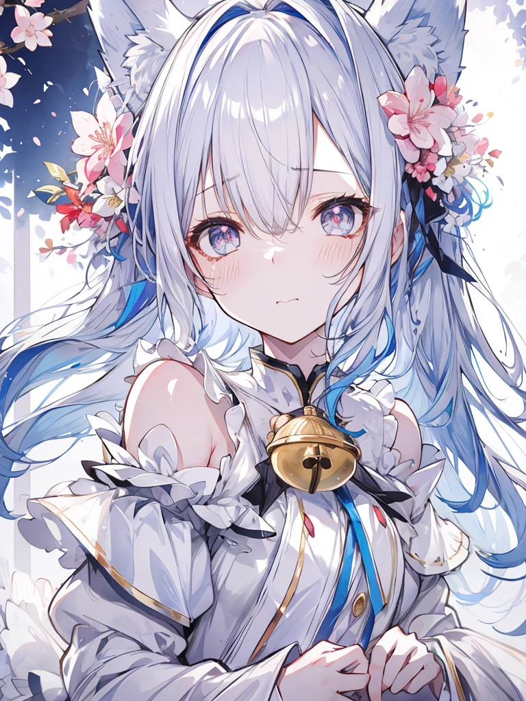 hairy, blue fur, Off-the-shoulder white translucent morning dress, sit on the grass, Cherry blossom forest background, gold slit pupil, blushing:1, hair between eyes, blue hair, gradient hair, hair past shoulders, wet hair, shiny hair, bell, trumpet, forehead gem, lolitahairband, eye reflex, shed tears, slit pupil, fox ears, wolf ears, Awkward, blush, saliva, full blush, panicked, despair, full-face blush, realism, Ultra-realism, Ray tracing, reflected light, backlight, Fuji color, Bokeh, ultra high definition, retina, anatomically correct, Super details, best quality, high resolution