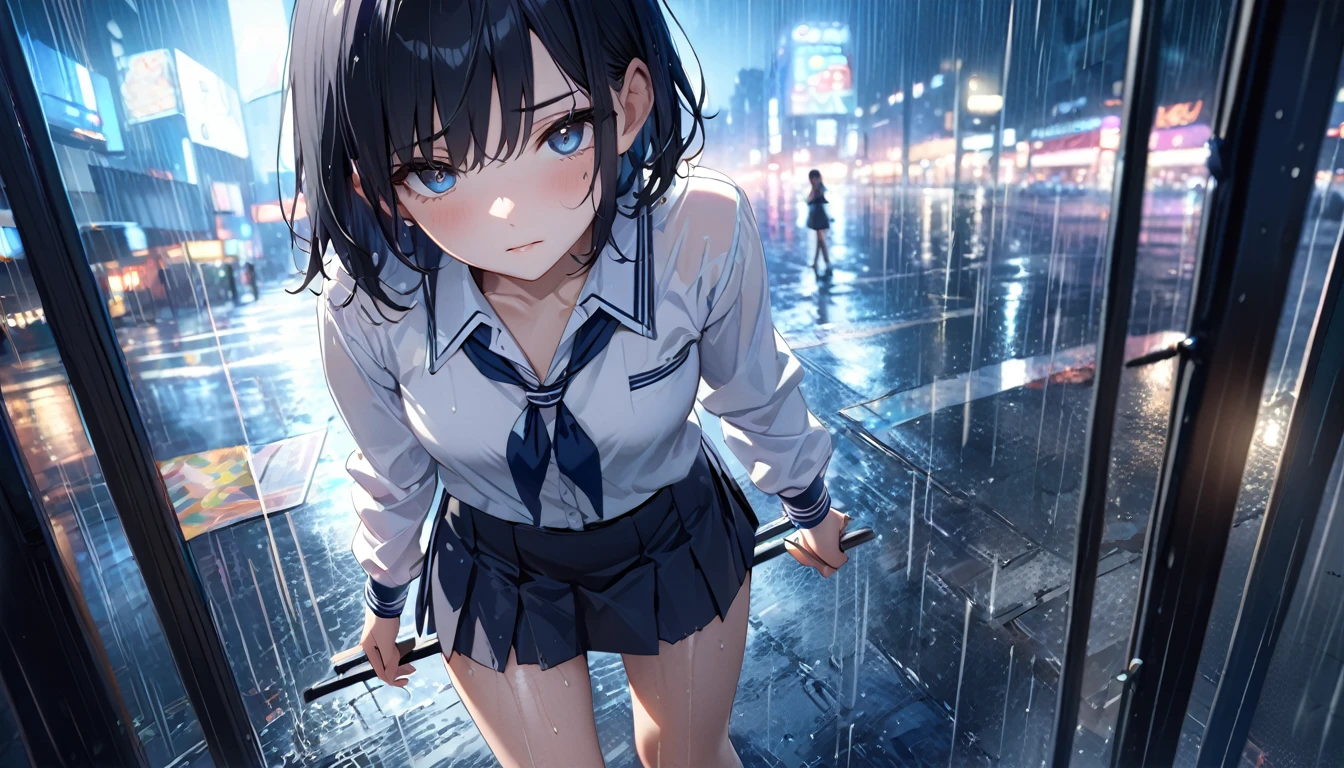 （8K，masterpiece，Highest quality），Hyper Detail，Realistically，Highly detailed face、pupil，City lights，Raytracing， heavy rain，Short black hair、A girl with a fragile expression、Navy blue school uniform、White blouse，Black Mini Skirt，Slim and beautiful thighs、Rain-soaked clothes，Depth of written boundary ，cinema lens lighting、Night view