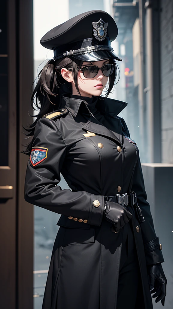 1 girl, solo, arafed women in a black uniform and a black hat, a black dieselpunk policewoman, in black military uniform, detective coat, officer, black greatcoat, police uniform, in black uniform, black armored uniform, dark coat, full uniform, inspired by Horace Vernet, officers uniform, he is wearing a black trenchcoat, dressed in black body armour, 4k res, ultra detailed, face detailed