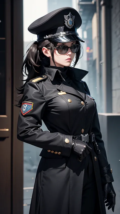 1 girl, solo, arafed women in a black uniform and a black hat, a black dieselpunk policewoman, in black military uniform, detect...