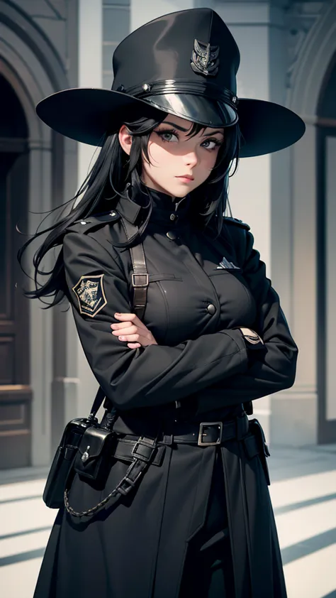 1 girl, solo, arafed women in a black uniform and a black hat, a black dieselpunk policewoman, in black military uniform, detect...