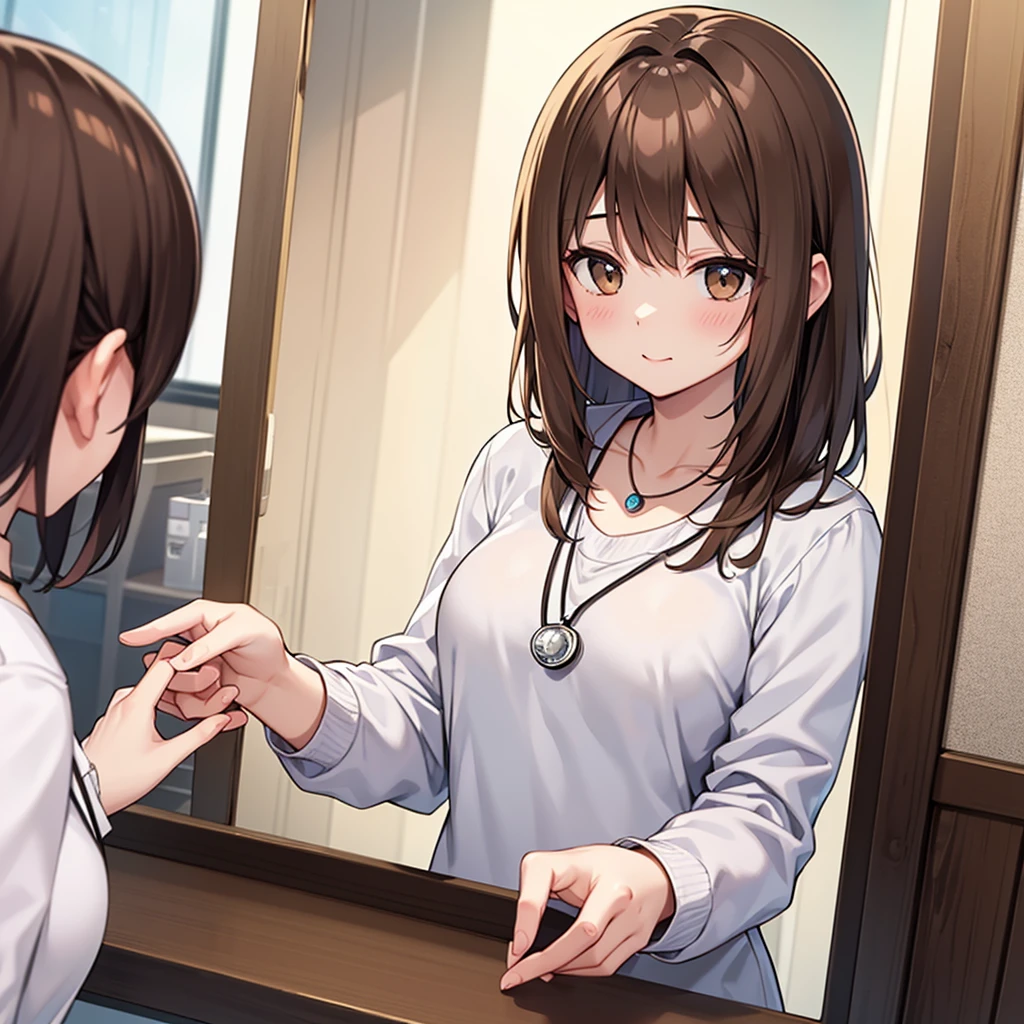 Young woman、 woman、Light brown hair、Wear a necklace around your neck、White、Doctor&#39;s clothing、Stethoscope、、Smile、Pay attention to your teeth、short hair、curls、Intricate details, Very detailed:1.2), 、 Looking at the camera,The background is the operating room...、Ear piercing
