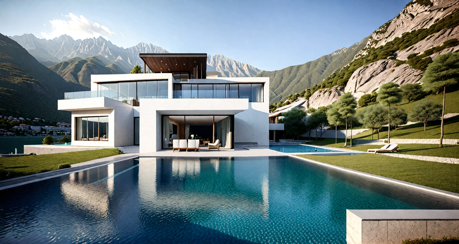 A home with a sense of futuristic technology，3-storey building，Set against the mountains，Facing the lake，Huge swimming pool，modern architectural style， hyperedetailed photo，buliding，iintricate，shadowing, HighDynamicRange，Dynamic lighting, Fotorrealista, Natural soft light, Low H, tmasterpiece, Detailed 8K，There are super many details，Oversized floor-to-ceiling glass，A combination of technology and the natural environment，Has a super cool look，
