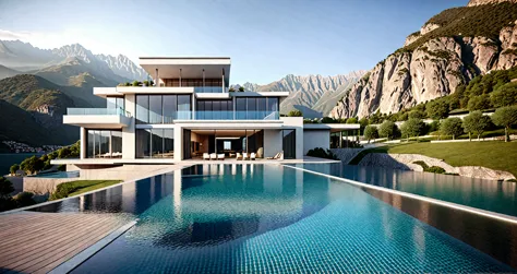 A home with a sense of futuristic technology，3-storey building，Set against the mountains，Facing the lake，Huge swimming pool，mode...