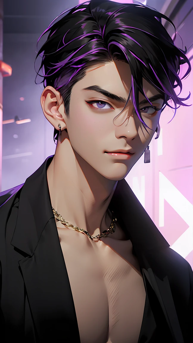 highest quality, 8K, high resolution image, anime style Jujutsu Kaisen, (Iori_suiseki), detailed strokes, bored look , blurred, purple light reflecting from it, 1 man, young, male, model, hand in pocket, cool guy, multicolored Background with various geometric shapes, around stickers, muscular,Black hair, purple eyes, multicolored hair, purple hair, hair between eyes, highlighted hair ,swollen chest,  black Jacket, sweatpants, Background: big City, he's in a sports station, there are sports fans everywhere,