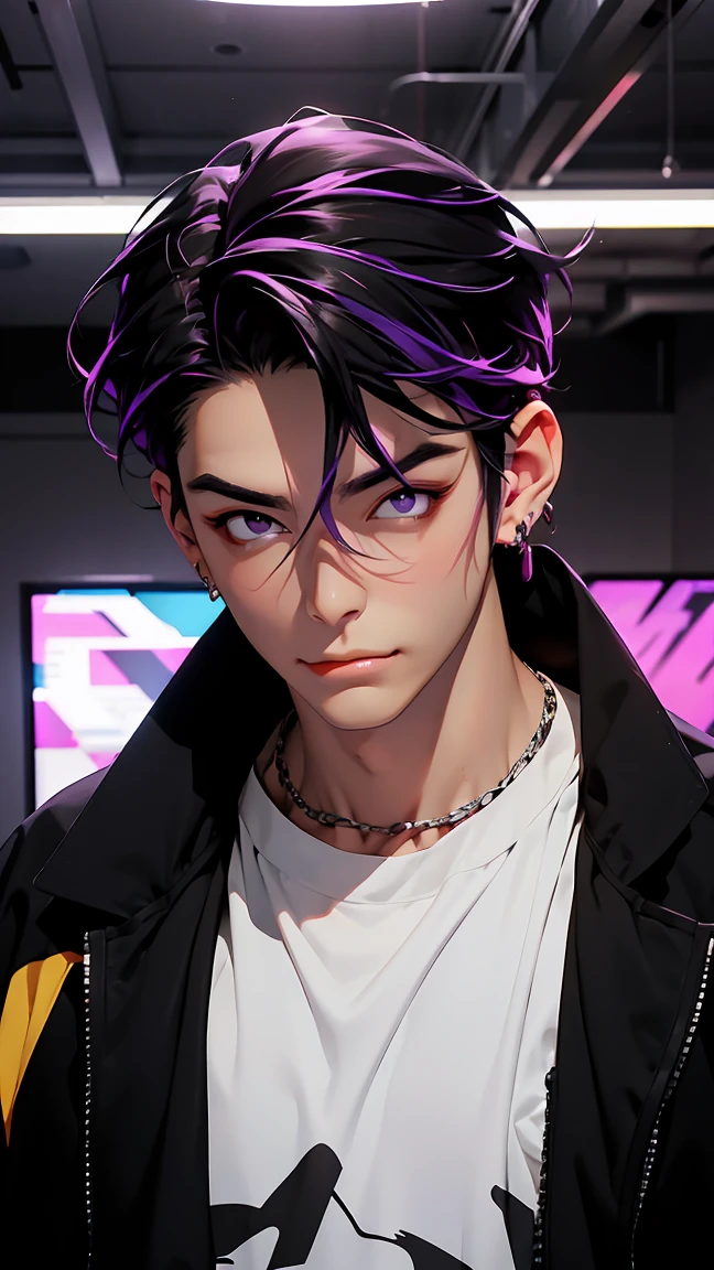 highest quality, 8K, high resolution image, anime style Jujutsu Kaisen, (Iori_suiseki), detailed strokes, bored look , blurred, purple light reflecting from it, 1 man, young, male, model, hand in pocket, cool guy, multicolored Background with various geometric shapes, around stickers, muscular,Black hair, purple eyes, multicolored hair, purple hair, hair between eyes, highlighted hair ,swollen chest,  black Jacket, sweatpants, Background: big City, he's in a sports station, there are sports fans everywhere,