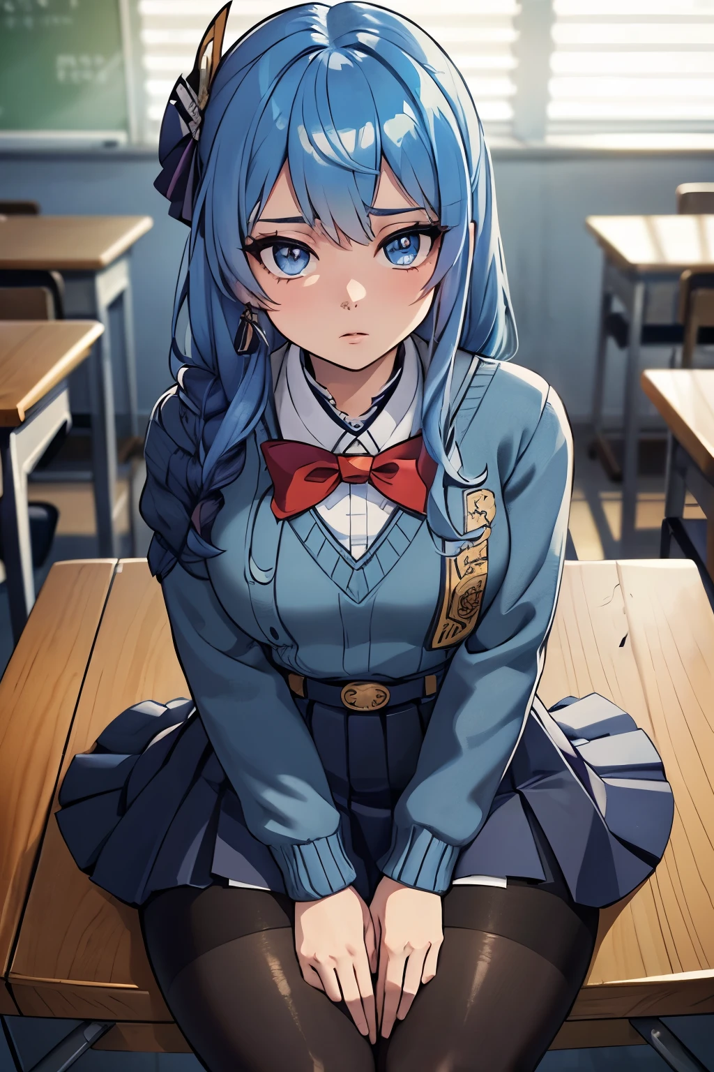 masterpiece, best quality, ultra-detailed, illustration, colorful, falt color, depth of field, lens flare, 1girl, hoshimachi suisei, anime, sitting, blue hair, looking at viewer, school, classroom, pantyhose, knit sweater, black pantyhose, no skirt, detailed skin texture, detailed cloth texture, beautiful detailed face