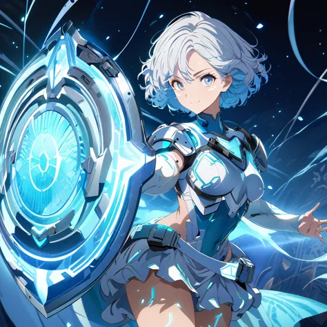 an image of a gentle girl with short, silvery-blue hair, wearing a futuristic fantasy, battle-ready outfit with glowing blue ele...