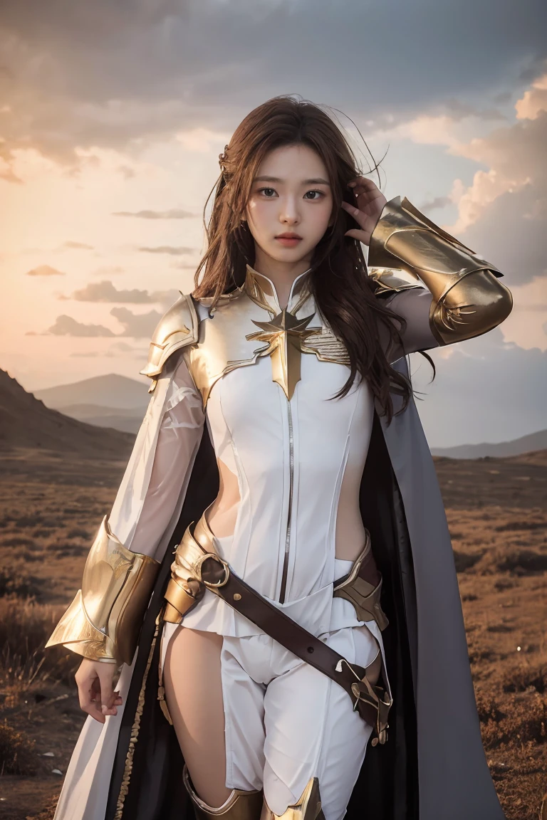 ((masterpiece, best quality, extremely detailed), volumetric lighting, ambient occlusion, colorful, glowing), 1girl, solo, young girl, (dark hair), long hair, ranger suit, hunter class dnd, cloak, (white outfit with gold detailst:1.3), armor, outdoors, sunset, sky, clouds, space, (fantasy theme:1.2),