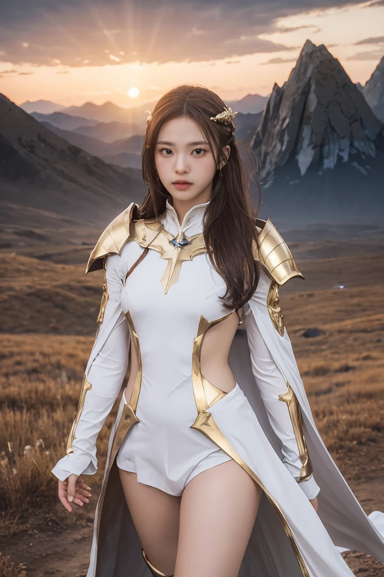 ((masterpiece, best quality, extremely detailed), volumetric lighting, ambient occlusion, colorful, glowing), 1girl, solo, young girl, (dark hair), long hair, ranger suit, hunter class dnd, cloak, (white outfit with gold detailst:1.3), armor, outdoors, sunset, sky, clouds, space, (fantasy theme:1.2),